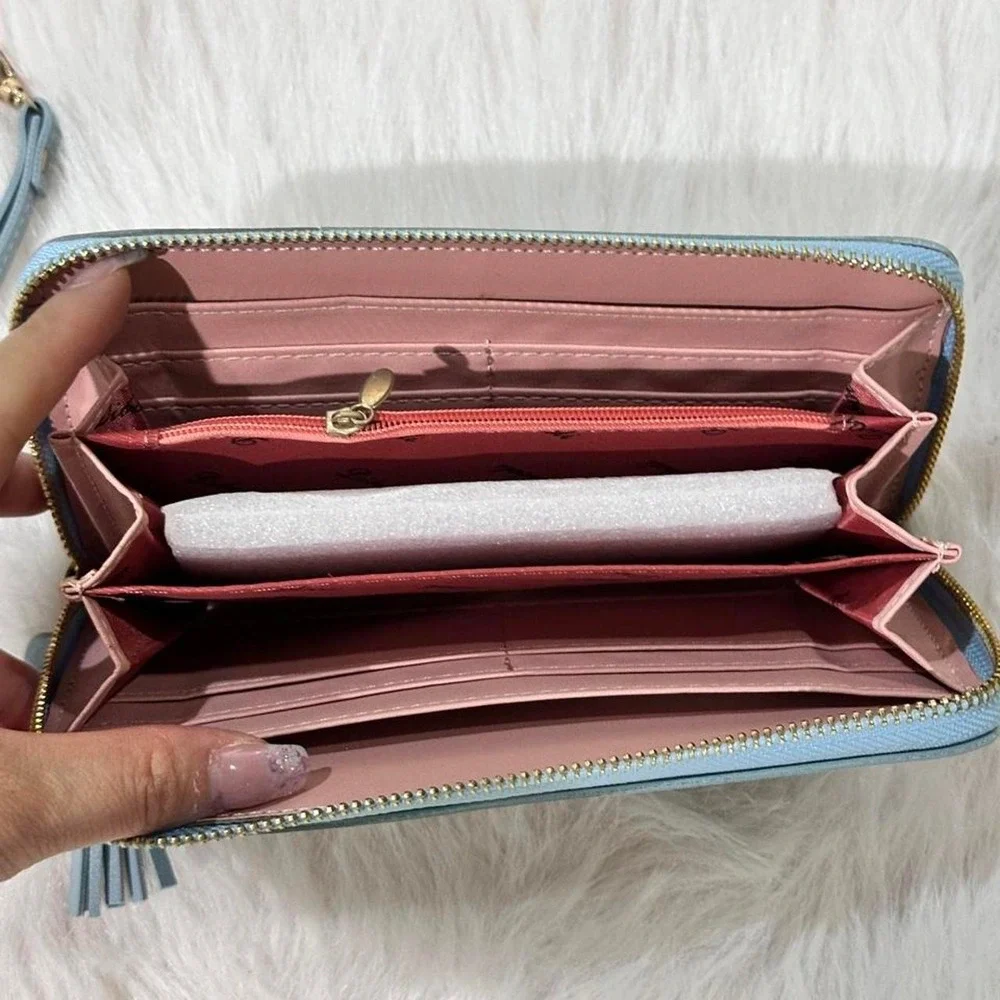 Dusty Blue Geometric Colorblock Zip-Around Wristlet Wallet